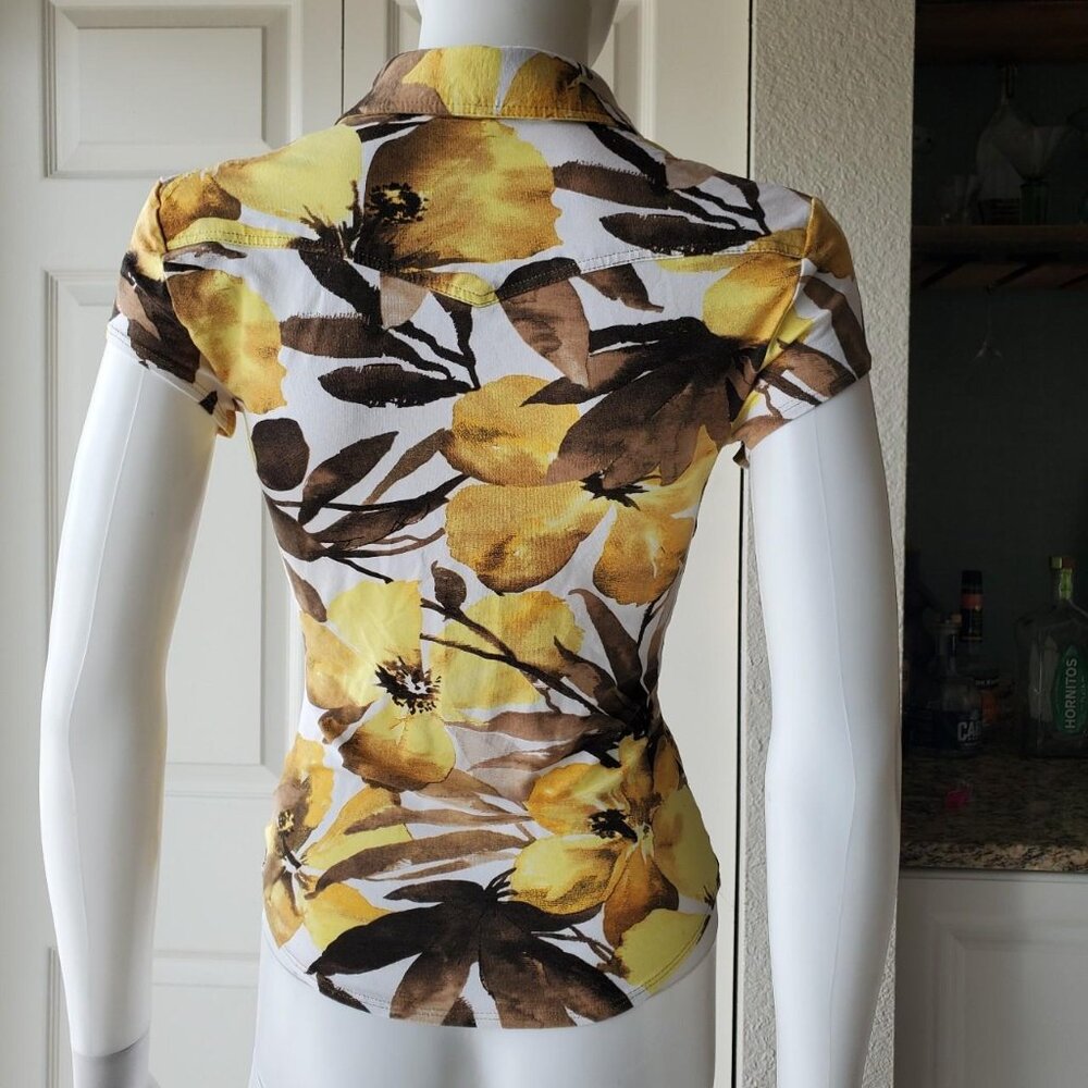 Cache Women's Y2k Yellow Short Sleeve Floral Print Blouse Sz Medium - Picture 3 of 8